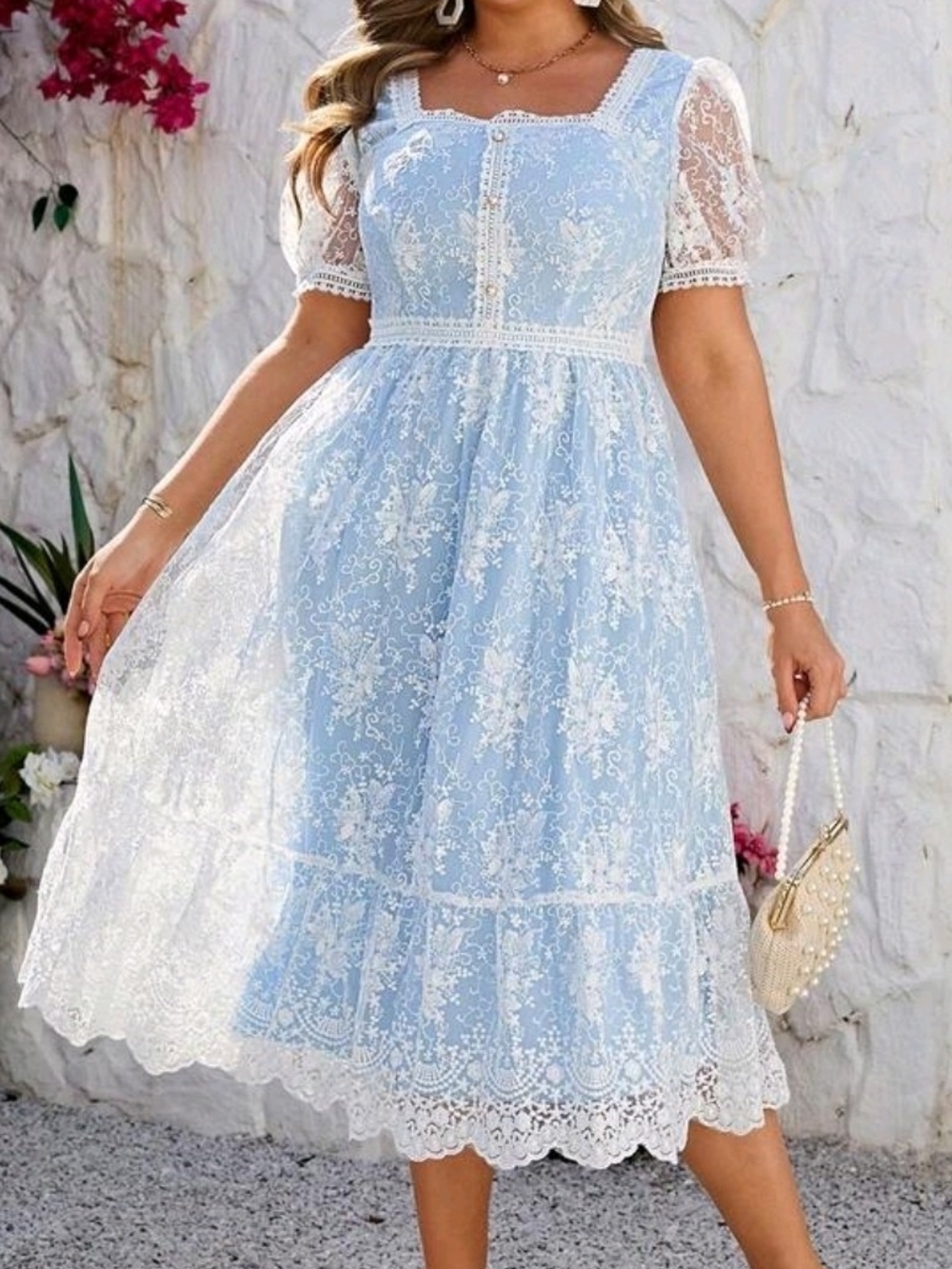 SHEIN Light Blue & White Lace Midi Dress